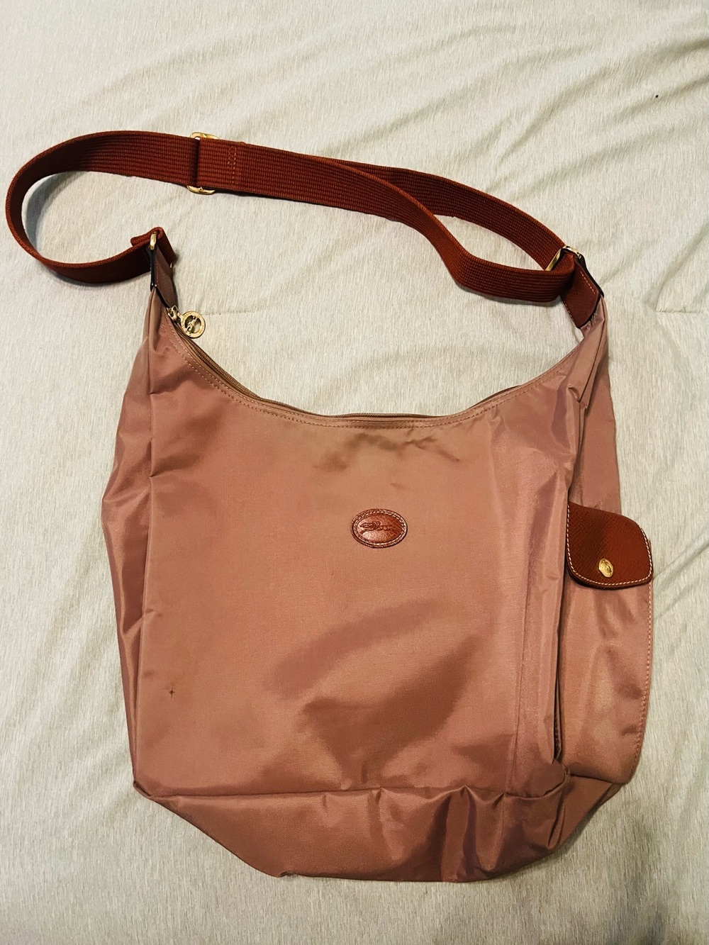 Longchamp Dusty Rose Nylon Shoulder Bag with Brown Leather Trim